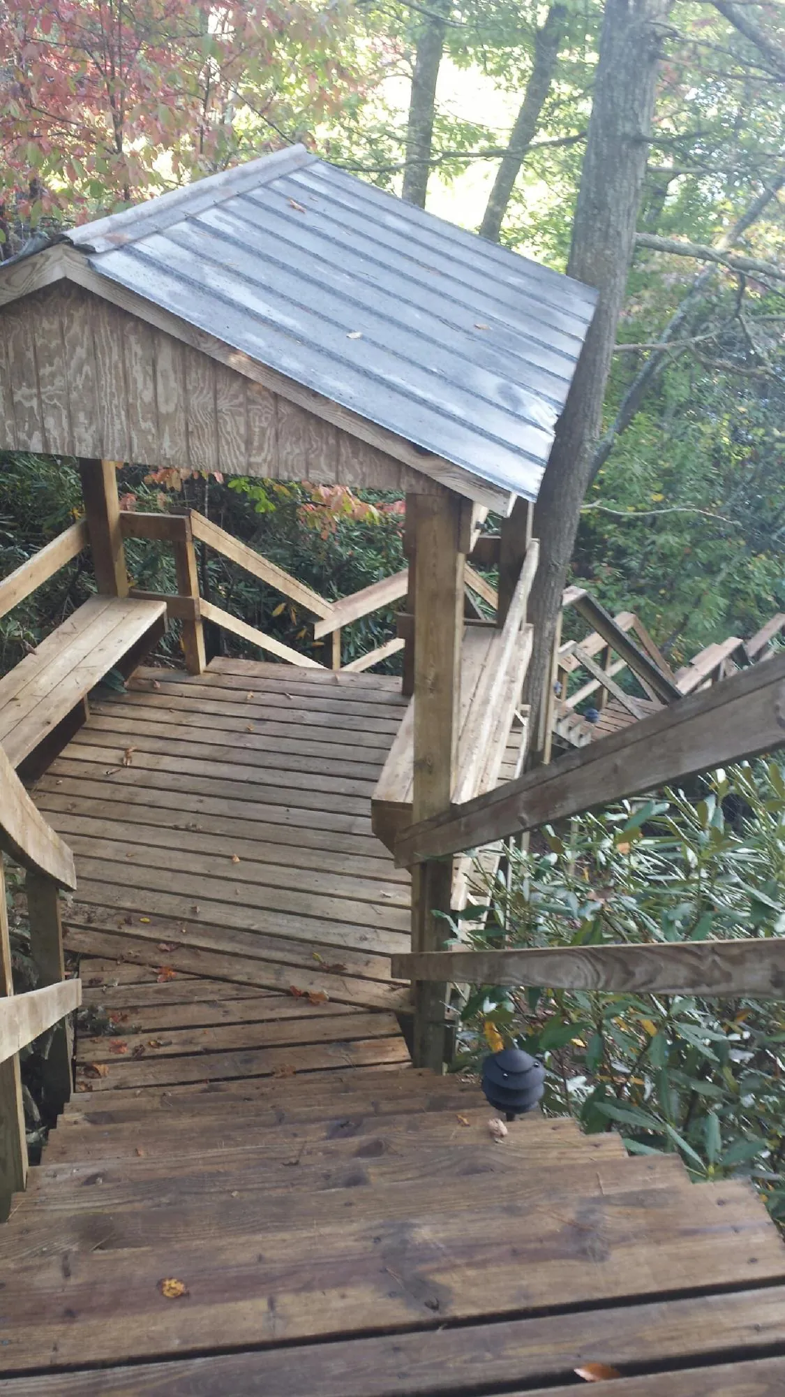 Metal roofed shelter over wooden steps on a wooded walkway — Skylight Repair & Installation work by our crew in Lyndon